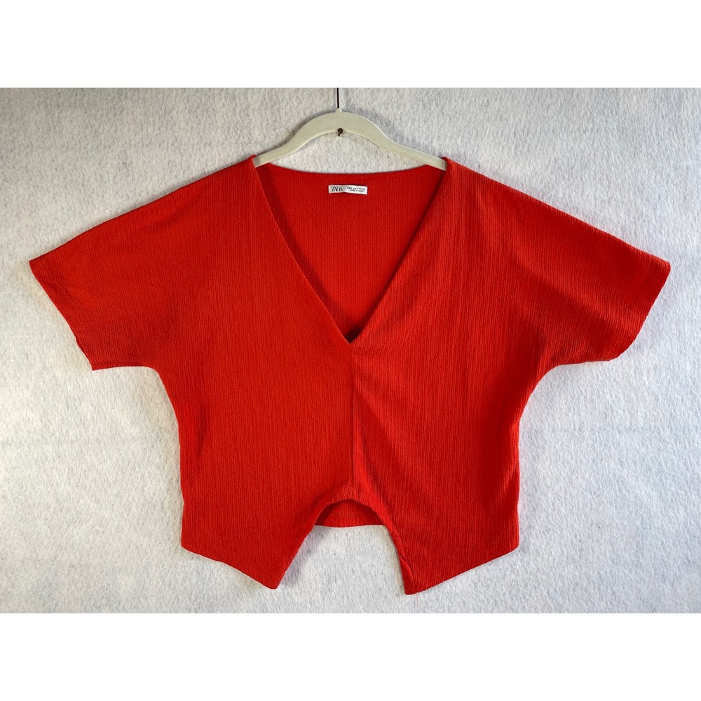 Zara Womens Orange Textured Crepe Deep V-Neck Split Hem Dolman Top Small‎